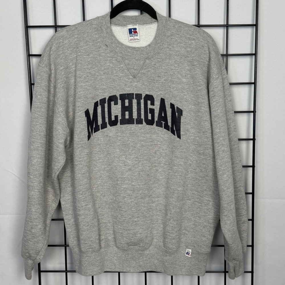 Vintage Michigan Wolverines Sweatshirt Mens Large Gray Pullover Spell Out Logo